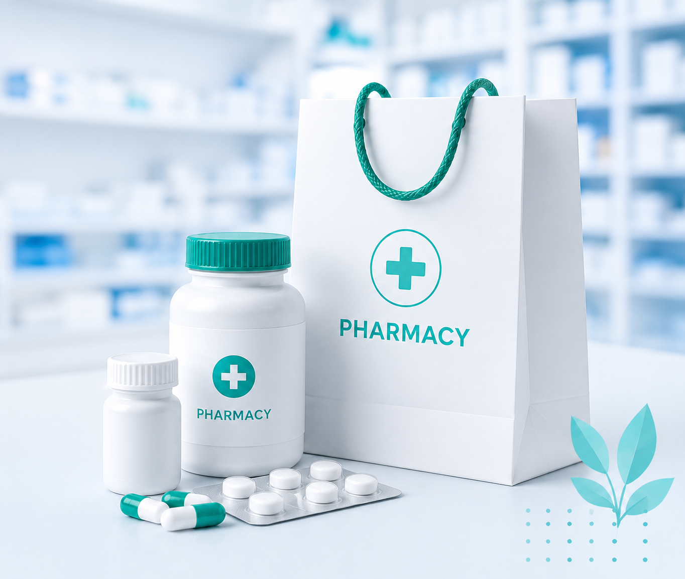 Pharmacy bag, medicine bottles, and capsules